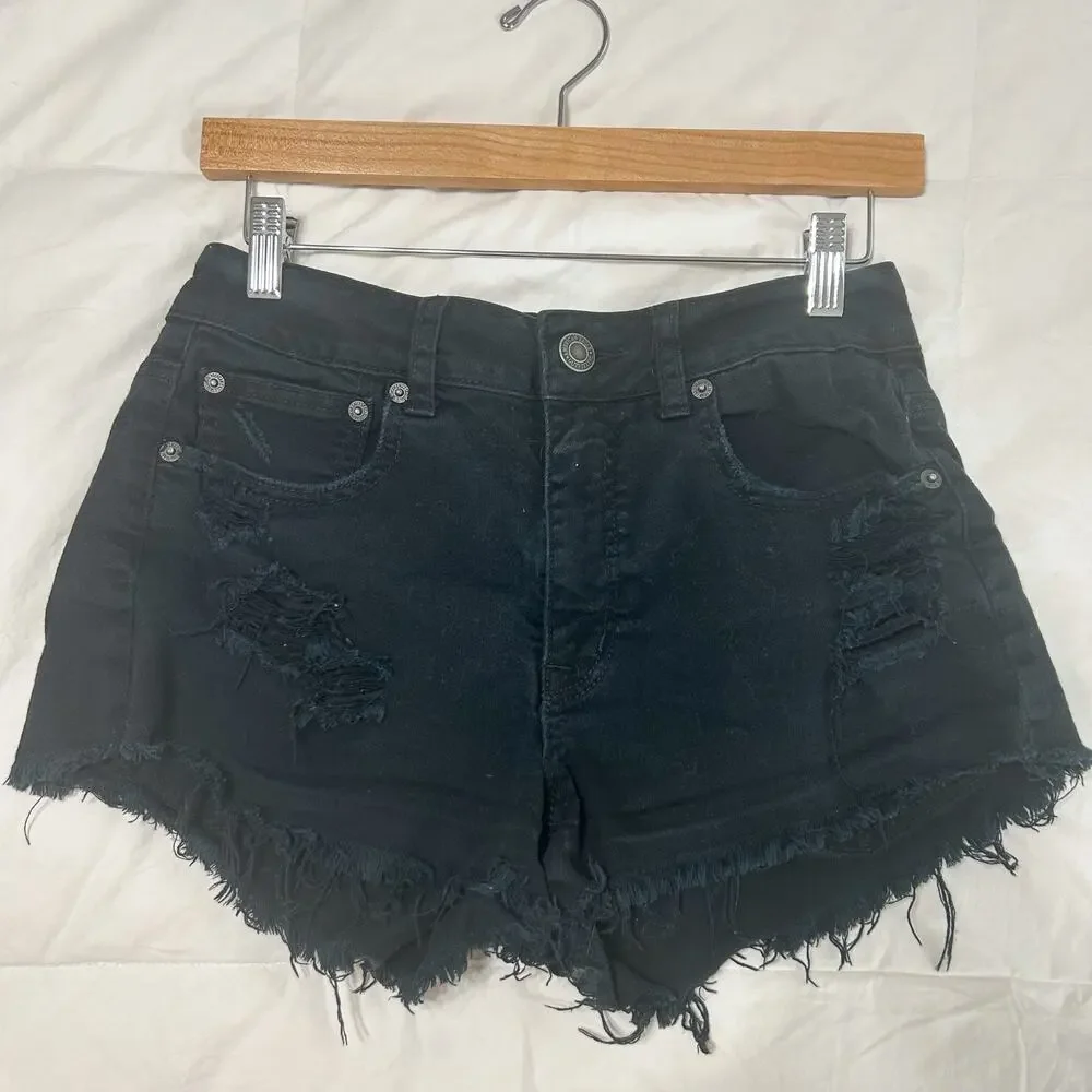 American Eagle Black Distressed Denim Cutoff Shorts High Rise Size 6 EUC - Picture 2 of 5